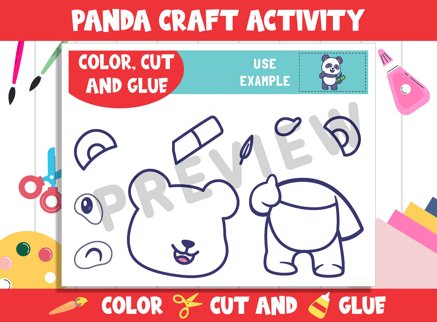 Cute Panda Craft Activity - Color, Cut, and Glue for PreK to 2nd Grade, PDF File, Instant Download