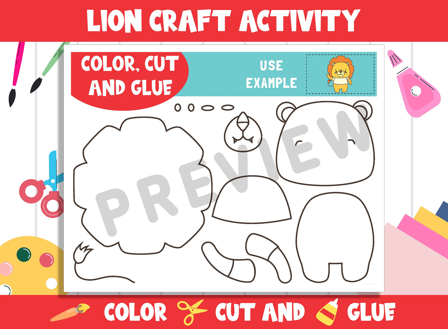 Cute Lion Craft Activity - Color, Cut, and Glue for PreK to 2nd Grade, PDF File, Instant Download