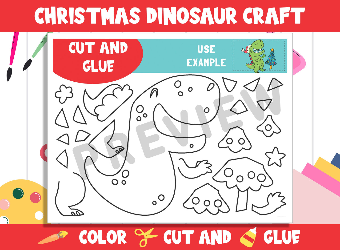 Christmas Dinosaur Craft Activity - Color, Cut, and Glue for PreK to 2nd Grade, PDF File, Instant Download