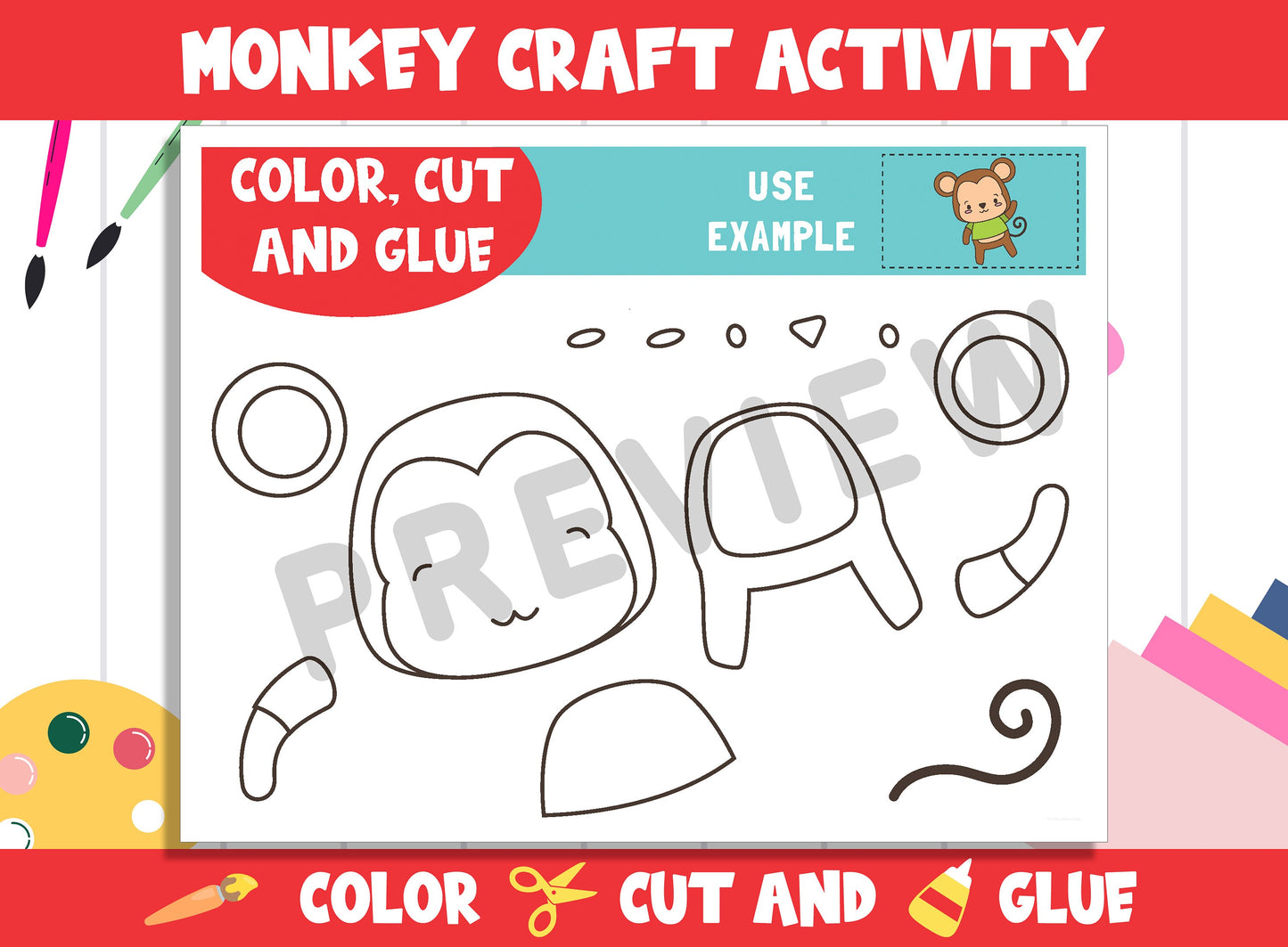 Cute Monkey Craft Activity - Color, Cut, and Glue for PreK to 2nd Grade, PDF File, Instant Download