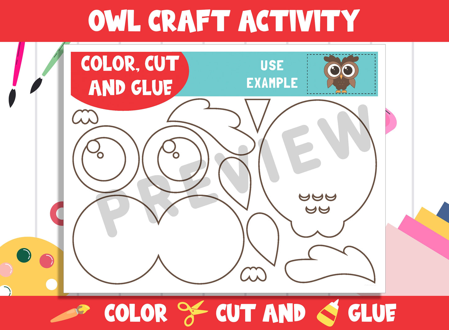 Cute Owl Craft Activity - Color, Cut, and Glue for PreK to 2nd Grade, PDF File, Instant Download