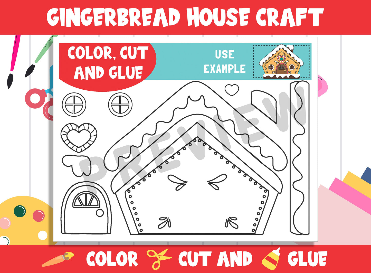 Gingerbread House Craft Activity - Color, Cut, and Glue for PreK to 2nd Grade, PDF File, Instant Download