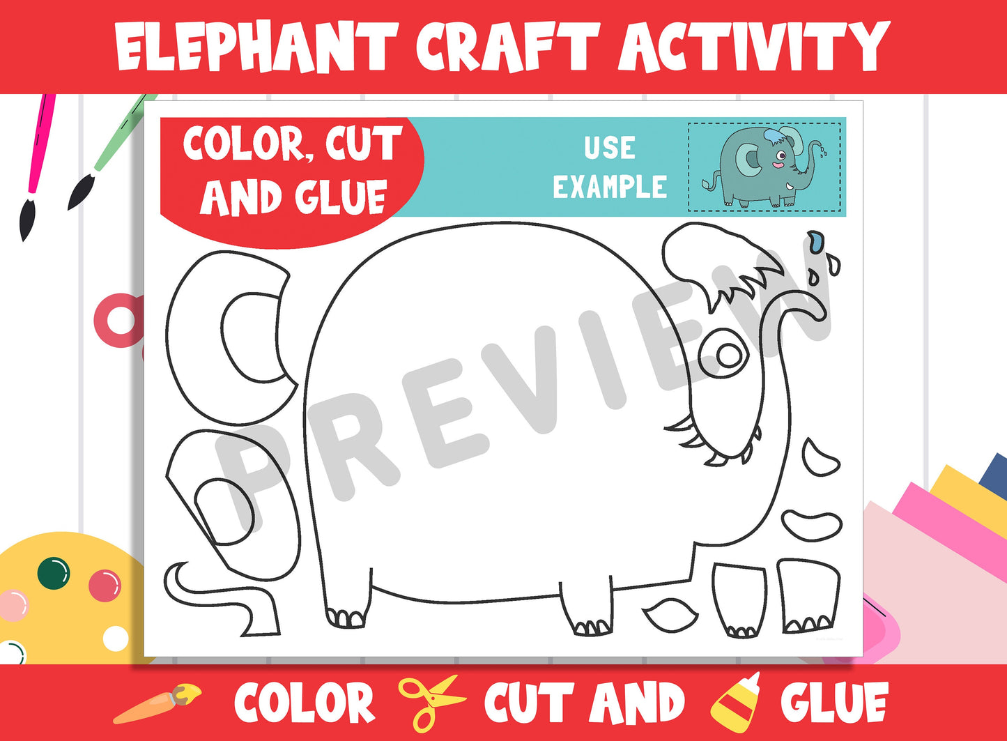 Cute Elephant Craft Activity - Color, Cut, and Glue for PreK to 2nd Grade, PDF File, Instant Download