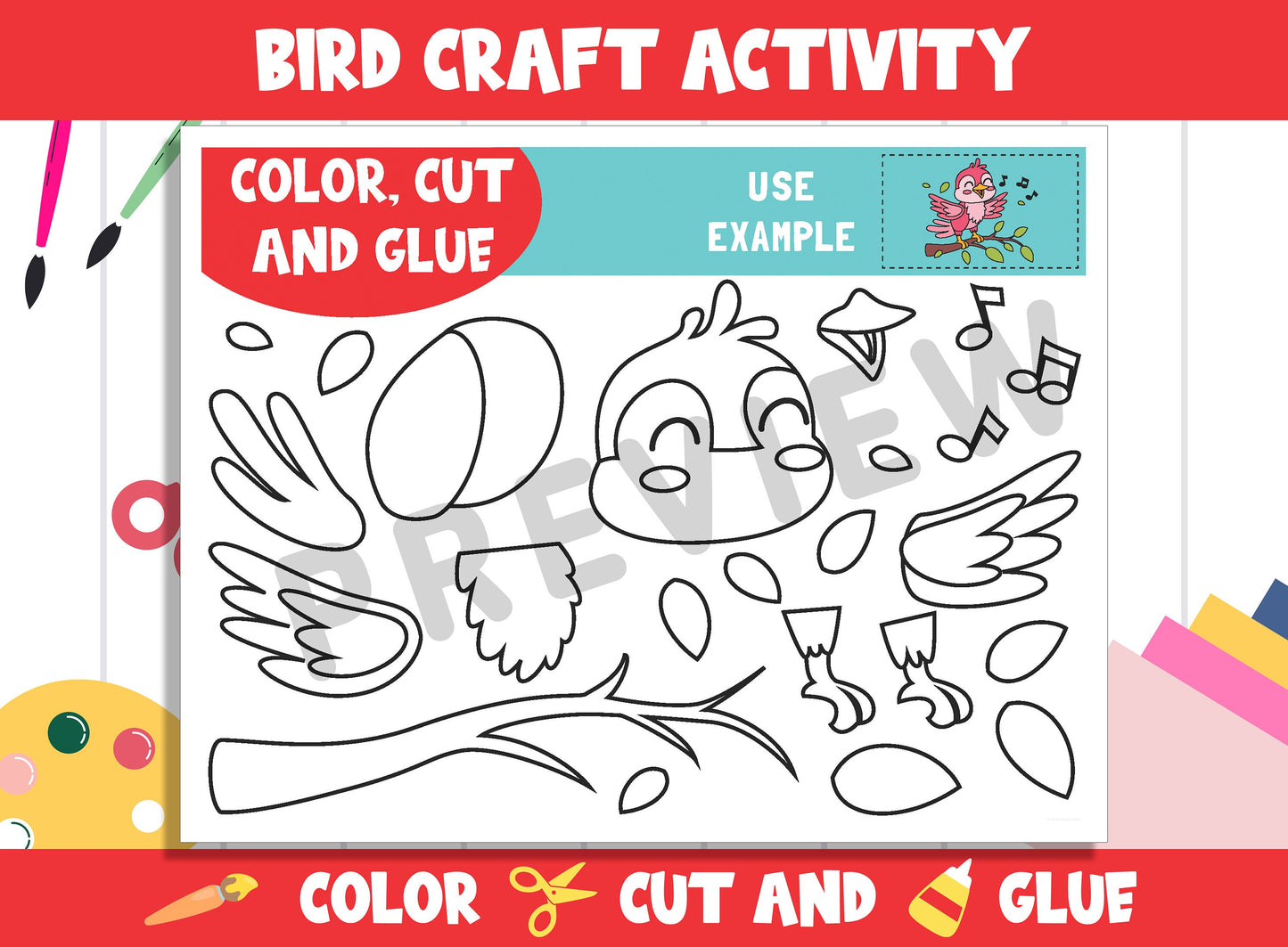 Cute Bird Craft Activity - Color, Cut, and Glue for PreK to 2nd Grade, PDF File, Instant Download