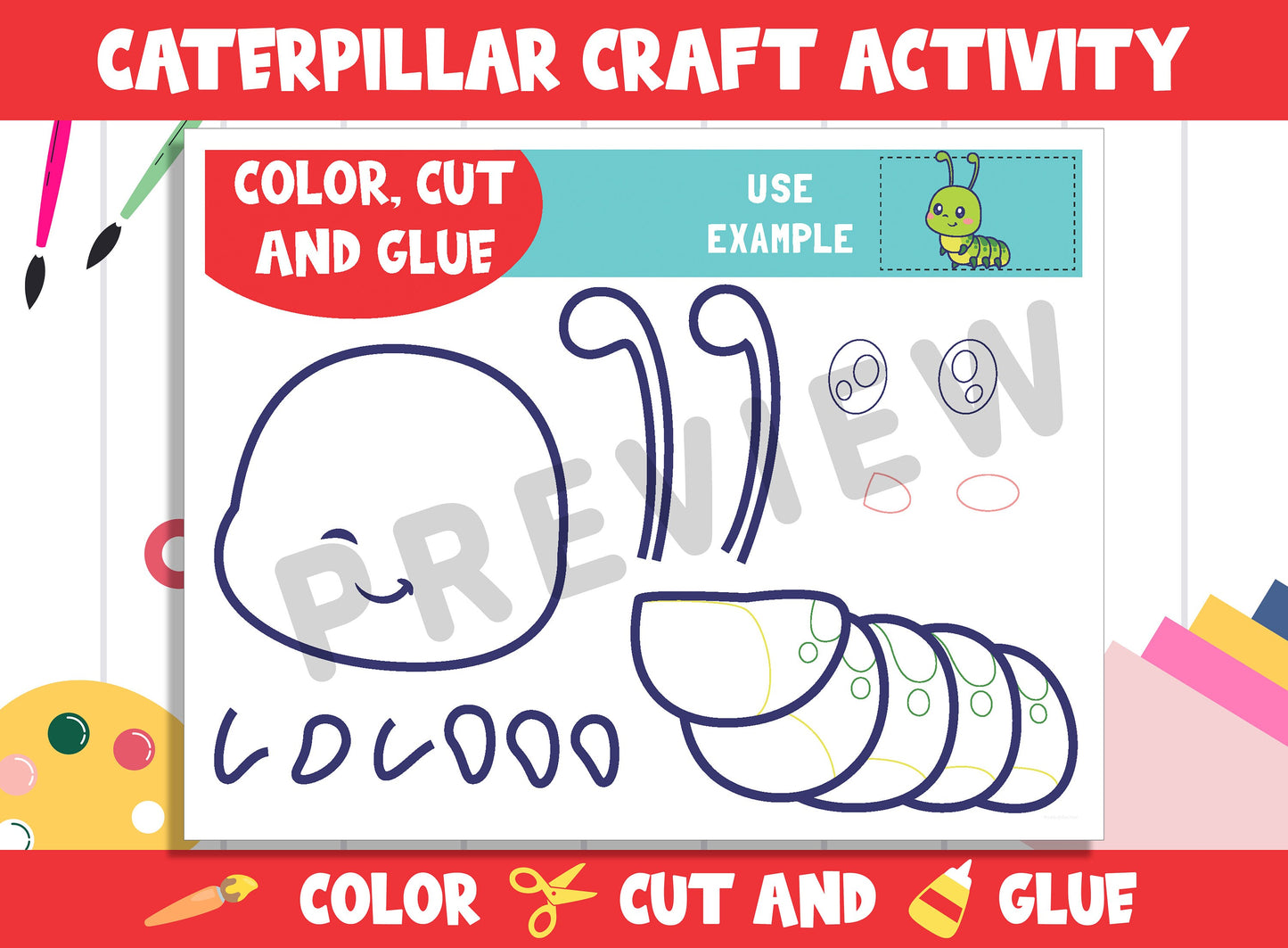 Cute Caterpillar Craft Activity - Color, Cut, and Glue for PreK to 2nd Grade, PDF File, Instant Download