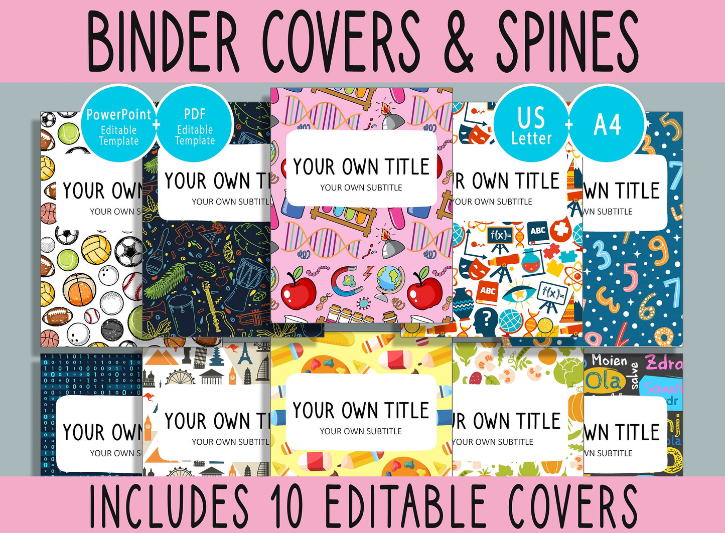 10 Editable School Subject Binder Covers, Includes 1", 1.5", 2" Spines, Available in A4 & US Letter, Editing with PowerPoint or PDF Reader