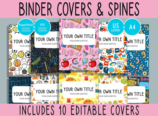 10 Editable School Subject Binder Covers, Includes 1", 1.5", 2" Spines, Available in A4 & US Letter, Editing with PowerPoint or PDF Reader