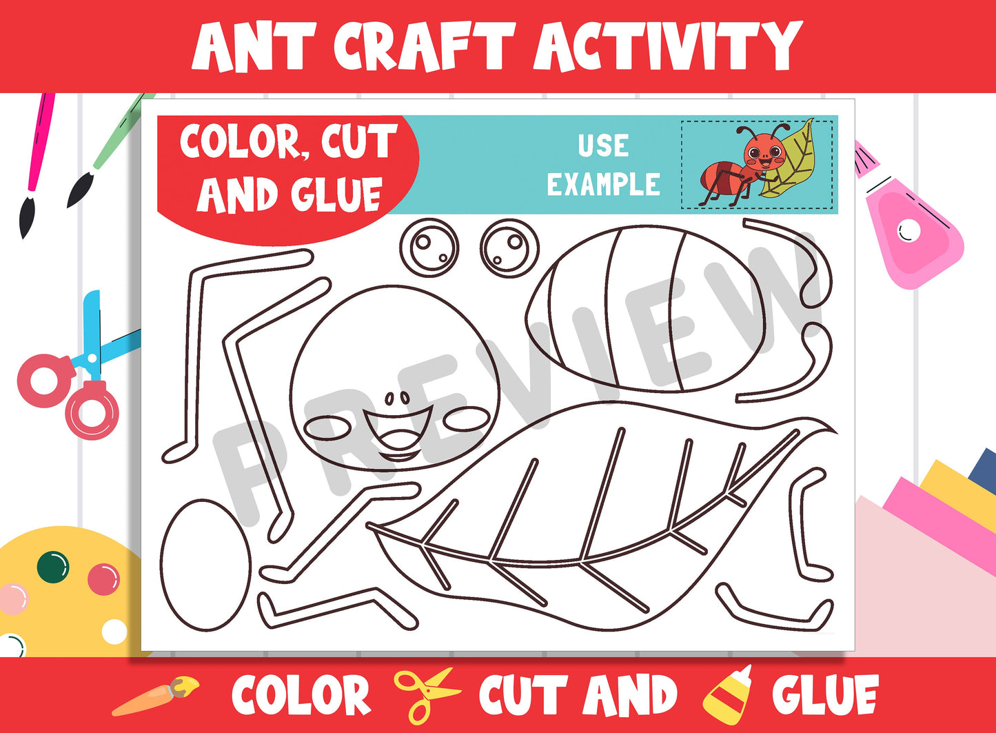 Cute Ant Craft Activity - Color, Cut, and Glue for PreK to 2nd Grade, PDF File, Instant Download