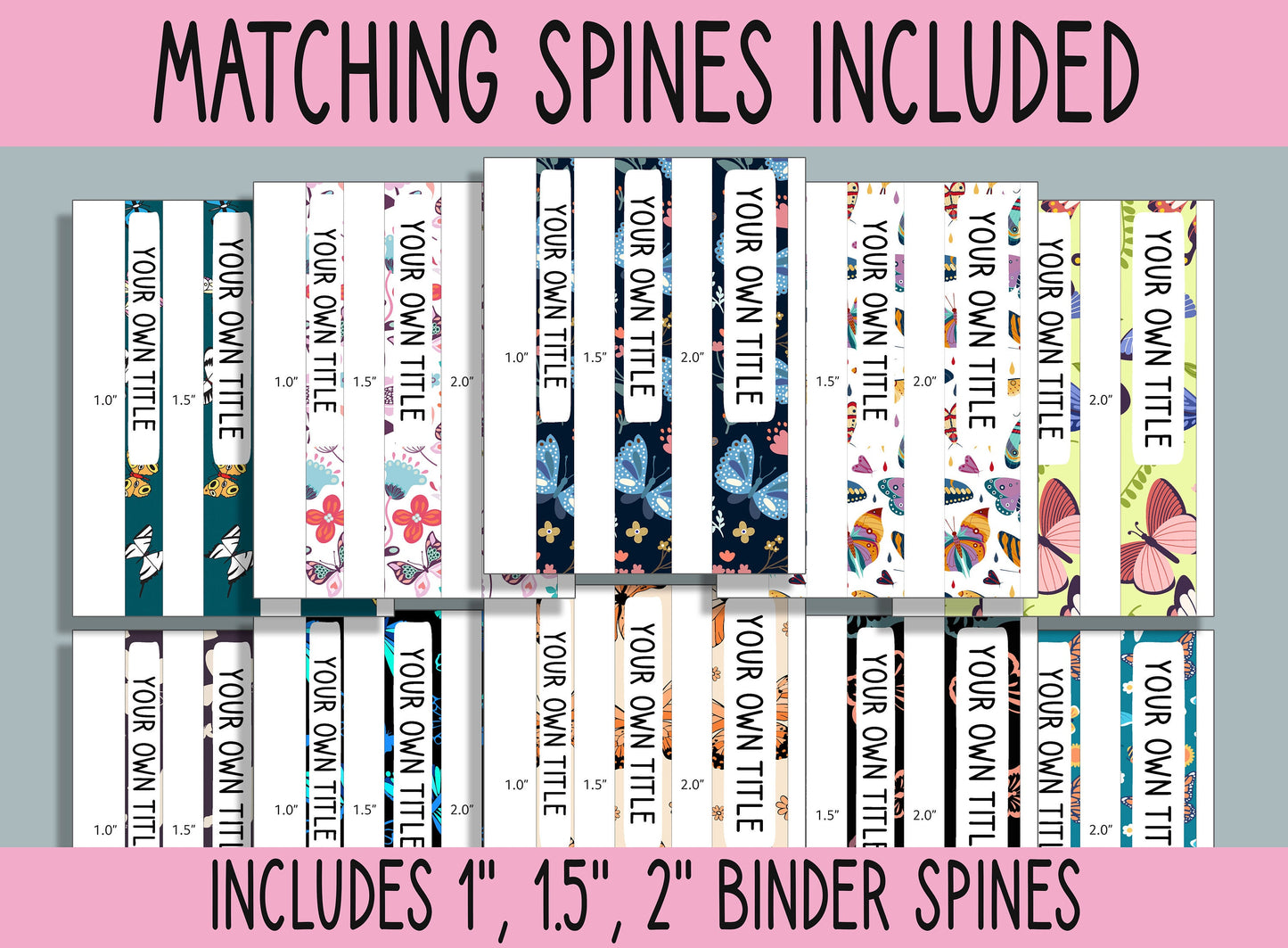 10 Editable Cute Butterfly Binder Covers, Includes 1", 1.5", 2" Spines, Available in A4 & US Letter, Editing with PowerPoint or PDF Reader