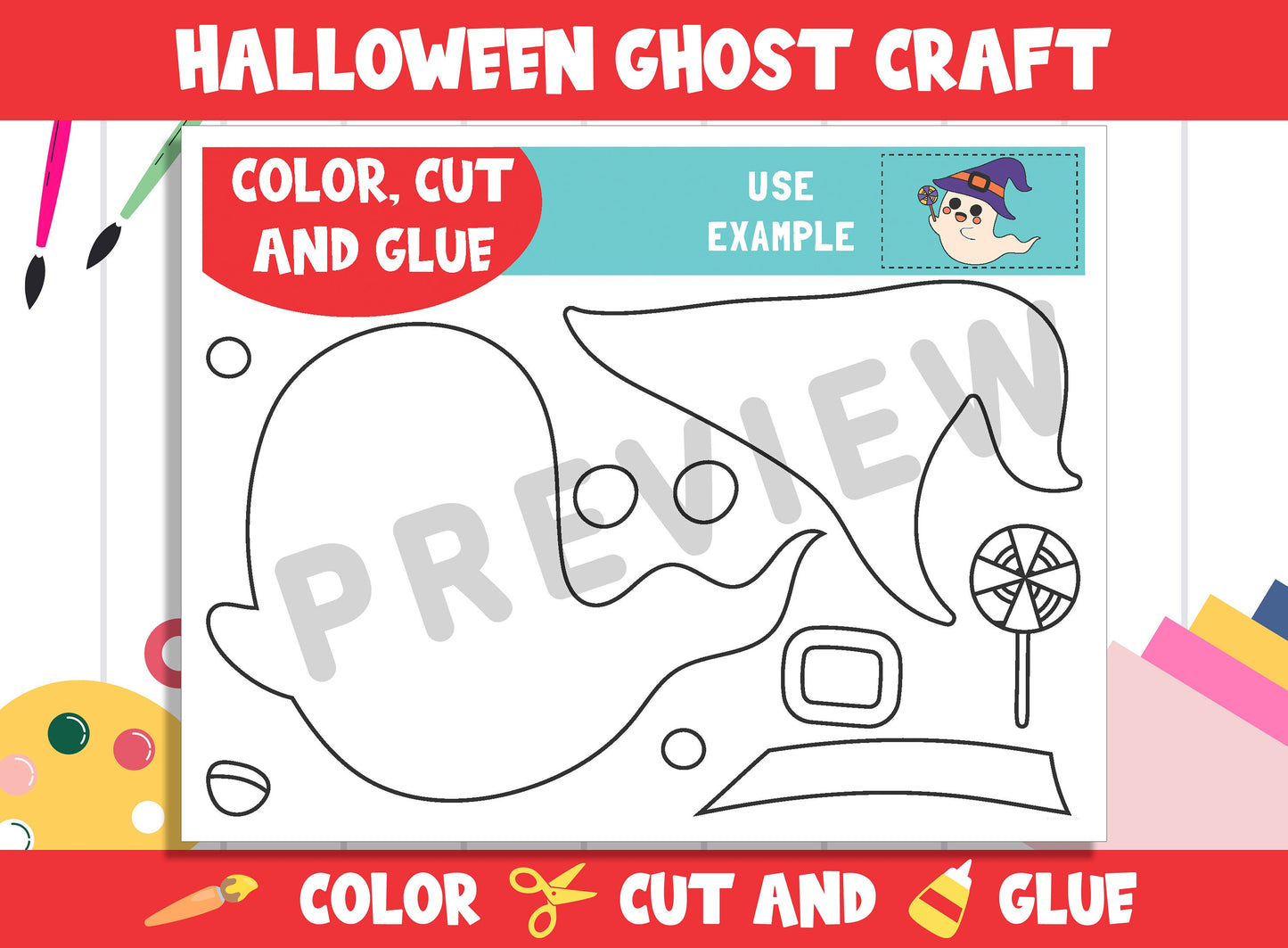 Cute Halloween Ghost Craft Activity - Color, Cut, and Glue for PreK to 2nd Grade, PDF File, Instant Download