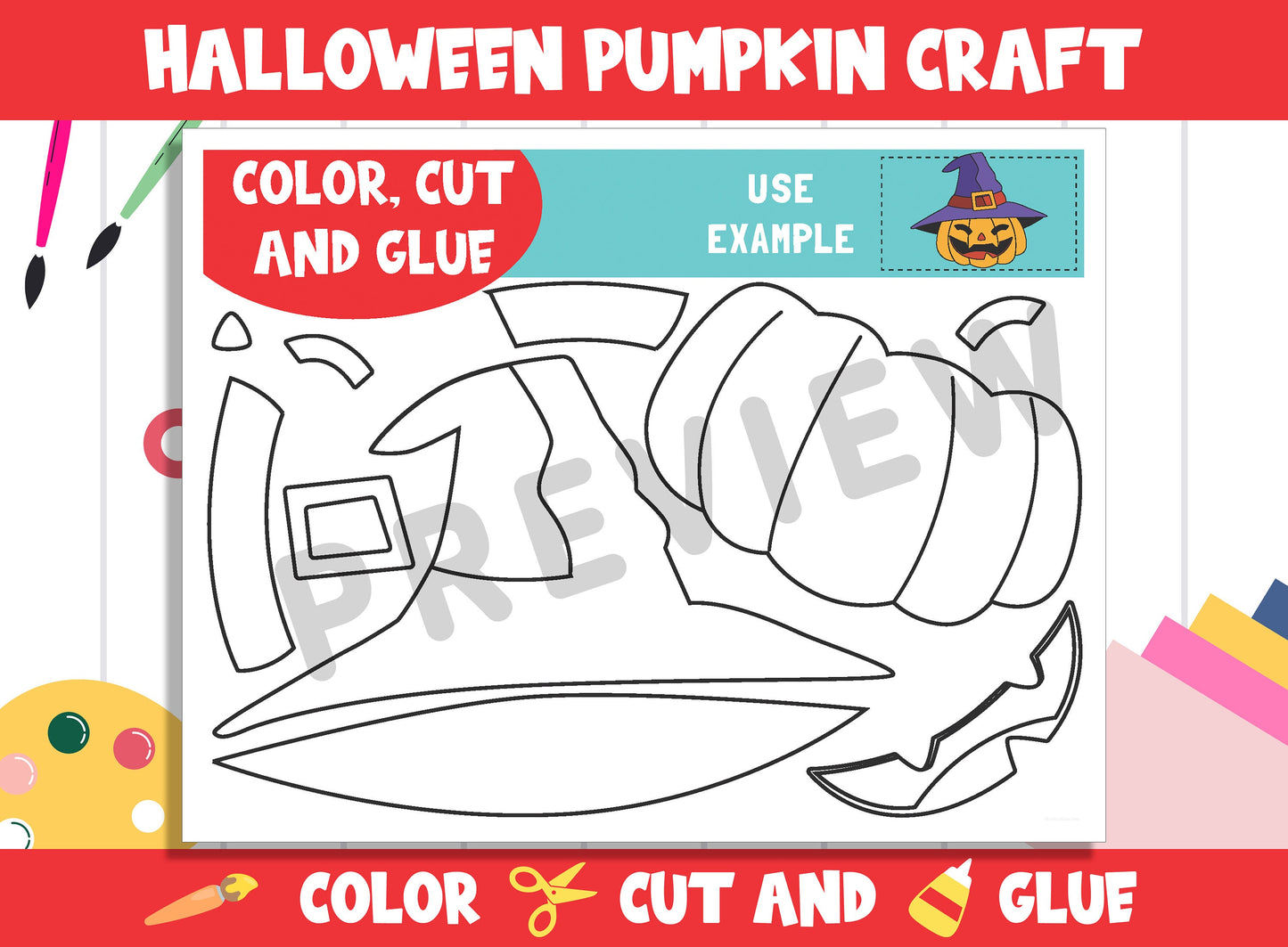Cute Halloween Pumpkin Craft Activity - Color, Cut, and Glue for PreK to 2nd Grade, PDF File, Instant Download