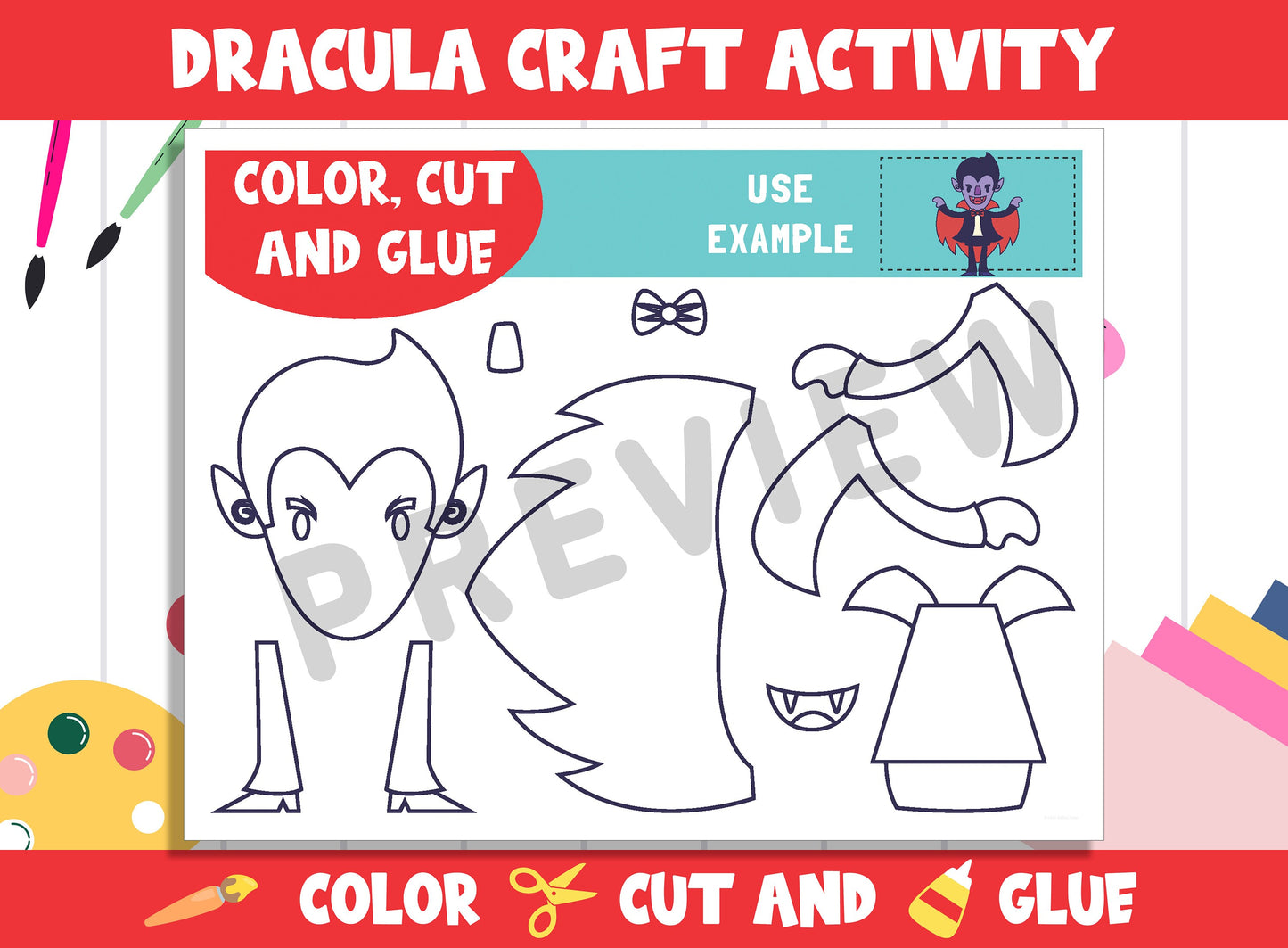 Cute Dracula Craft Activity - Color, Cut, and Glue for PreK to 2nd Grade, PDF File, Instant Download