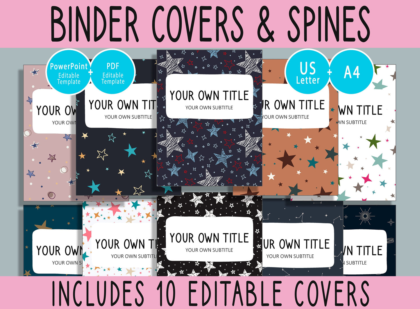 10 Editable Starry Binder Covers, Includes 1", 1.5", 2" Spines, Available in A4 & US Letter, Editing with PowerPoint or PDF Reader