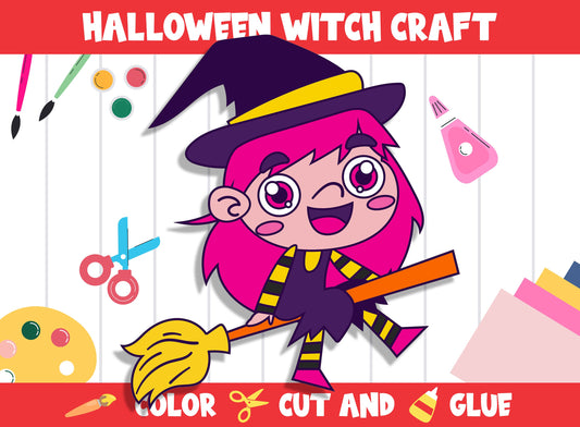 Cute Halloween Witch Craft Activity - Color, Cut, and Glue for PreK to 2nd Grade, PDF File, Instant Download