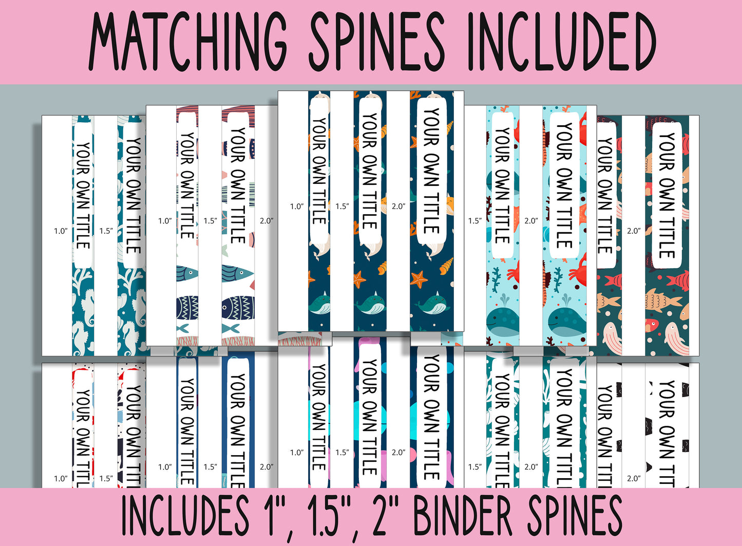 10 Editable Sea Animals Binder Covers, Includes 1", 1.5", 2" Spines, Available in A4 & US Letter, Editing with PowerPoint or PDF Reader