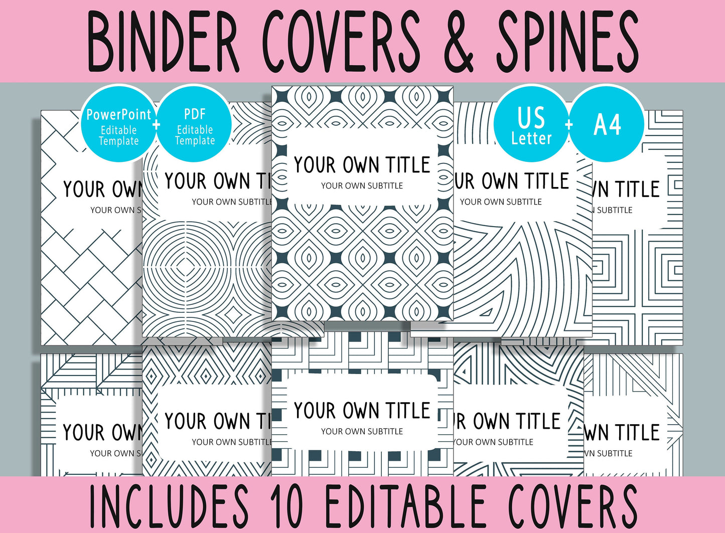 10 Editable Abstract Line Binder Covers, Includes 1", 1.5", 2" Spines, Available in A4 & US Letter, Editing with PowerPoint or PDF Reader