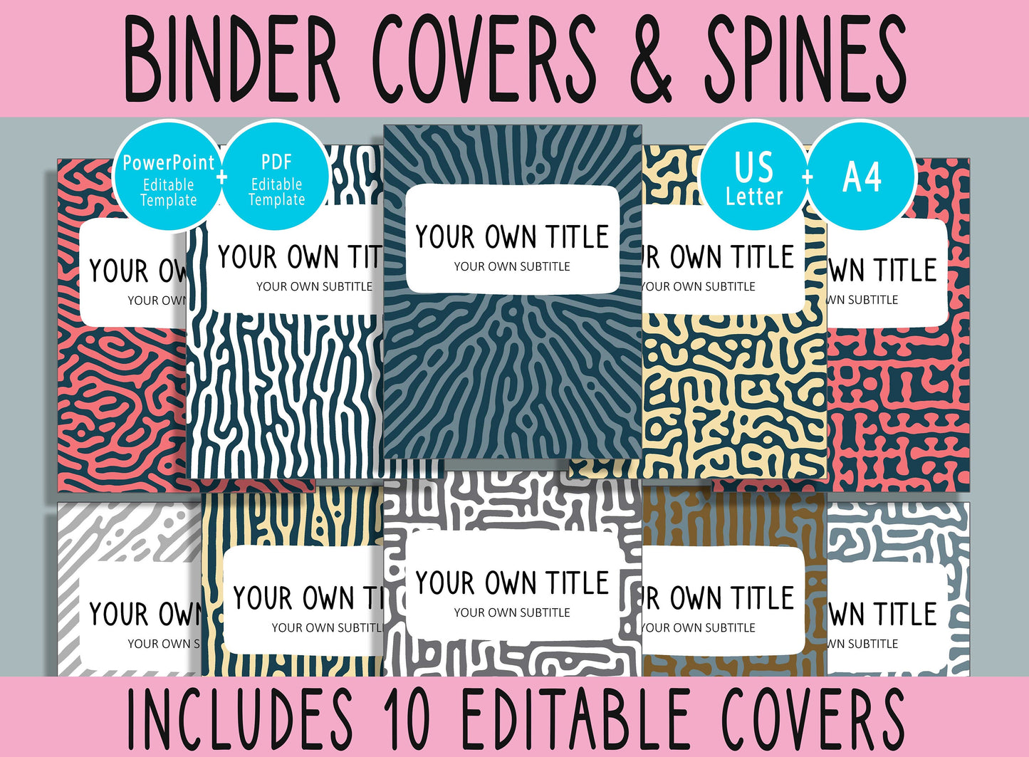 10 Editable Turing Pattern Binder Covers, Includes 1", 1.5", 2" Spines, Available in A4 & US Letter, Editing with PowerPoint or PDF Reader