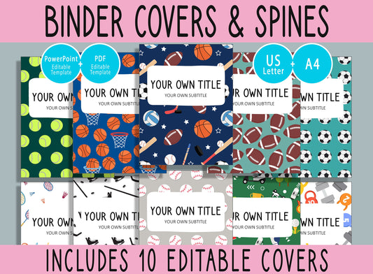 10 Editable Sports Pattern Binder Covers, Includes 1", 1.5", 2" Spines, Available in A4 & US Letter, Editing with PowerPoint or PDF Reader