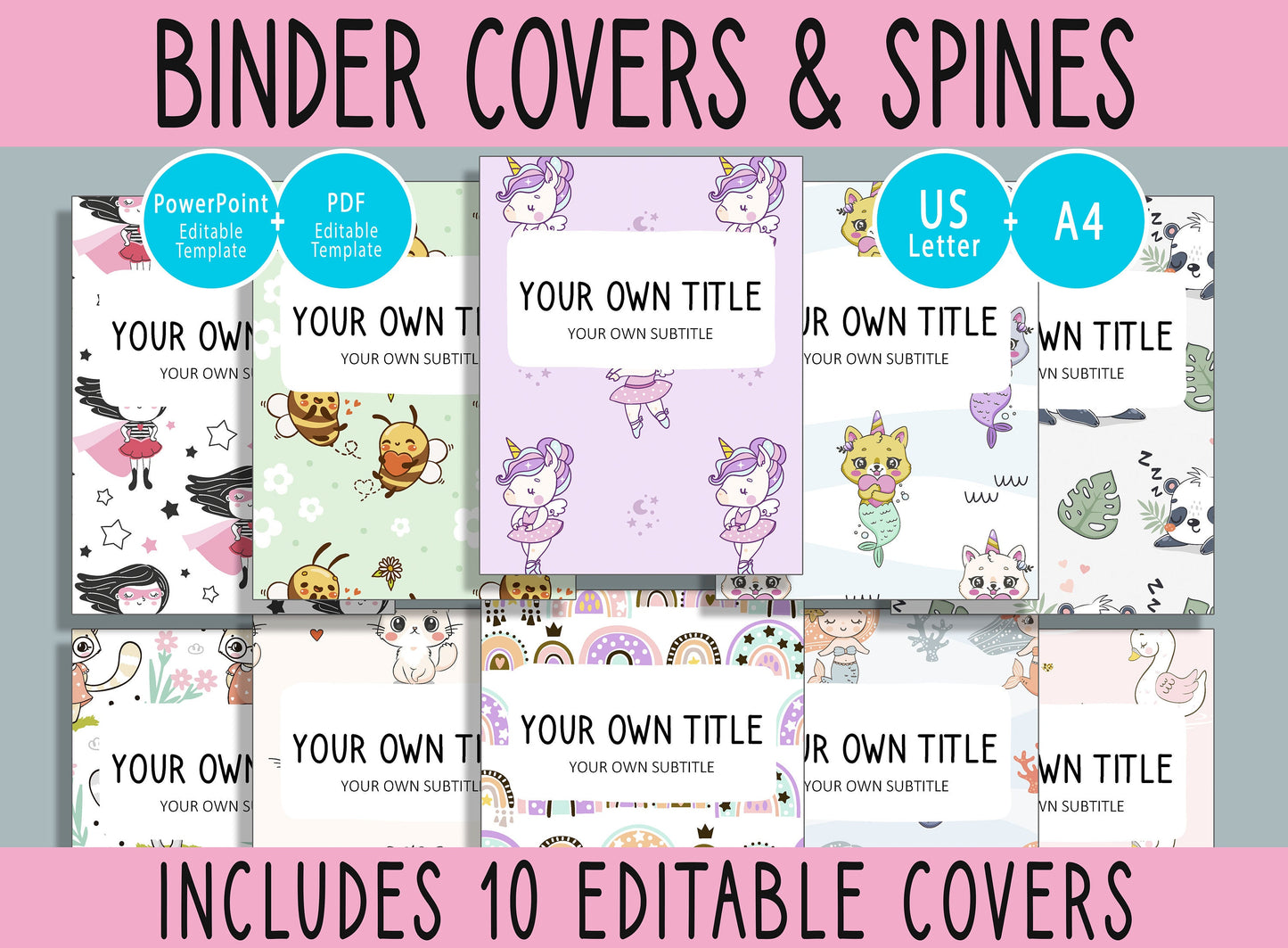 10 Editable Girls Binder Covers, Includes 1", 1.5", 2" Spines, Available in A4 & US Letter, Editing with PowerPoint or PDF Reader