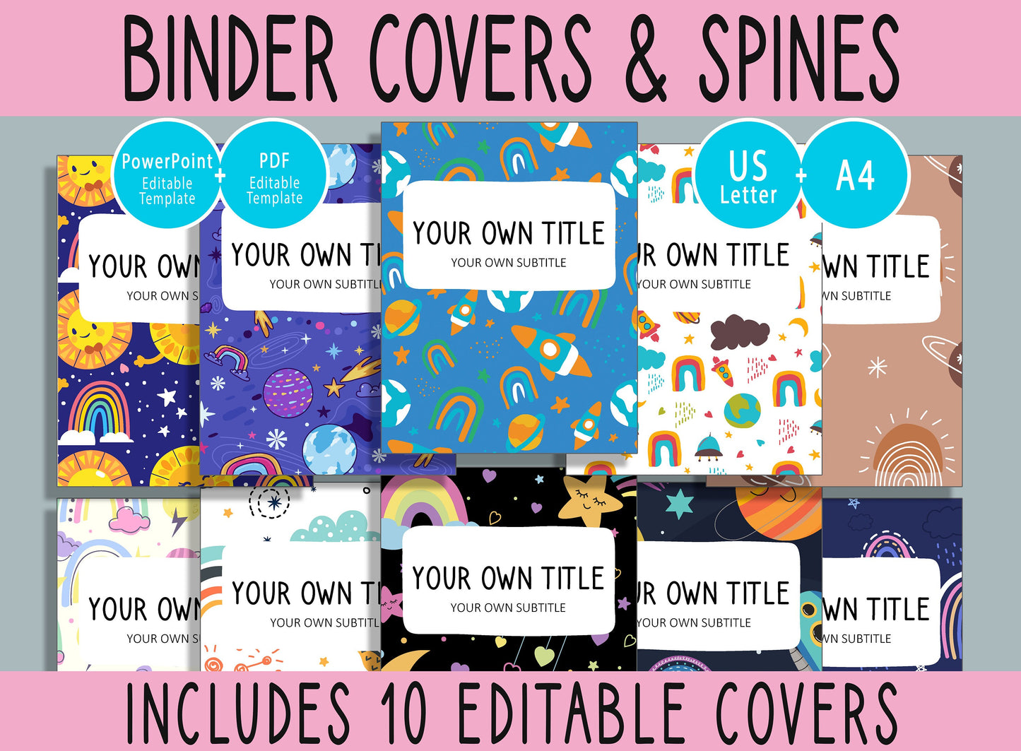 10 Editable Rainbow and Space Binder Covers, Includes 1, 1.5, 2" Spines, Available in A4 & US Letter, Editing with PowerPoint or PDF Reader