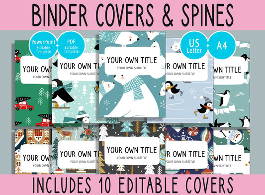 10 Editable Winter Binder Covers, Includes 1, 1.5, 2" Spines, Available in A4 & US Letter, Editing with PowerPoint or PDF Reader