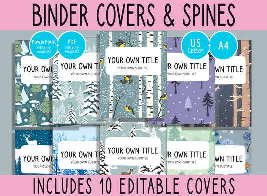 10 Editable Winter Forest Binder Covers, Includes 1, 1.5, 2" Spines, Available in A4 & US Letter, Editing with PowerPoint or PDF Reader