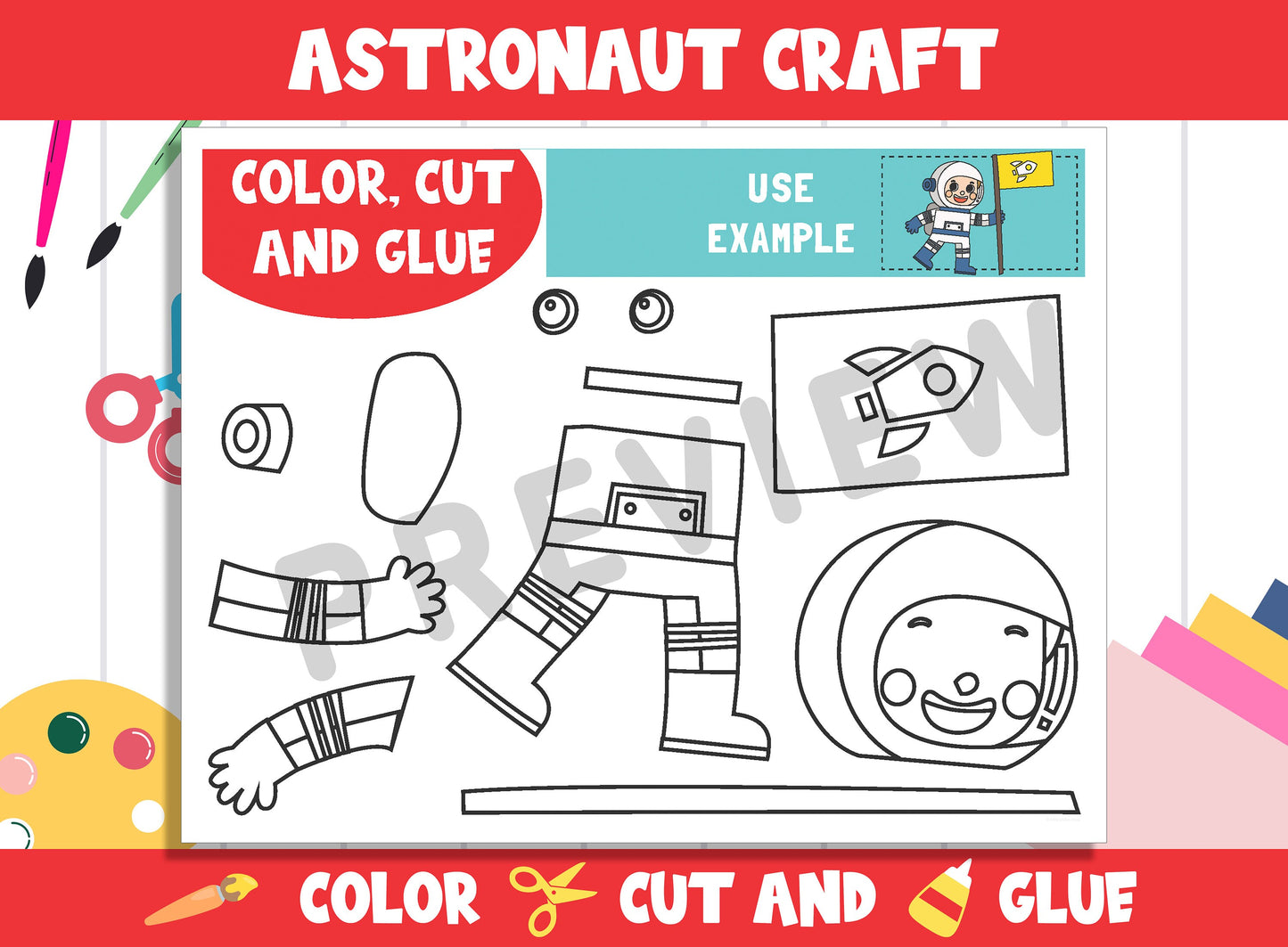 Cute Astronaut Craft Activity - Color, Cut, and Glue for PreK to 2nd Grade, PDF File, Instant Download