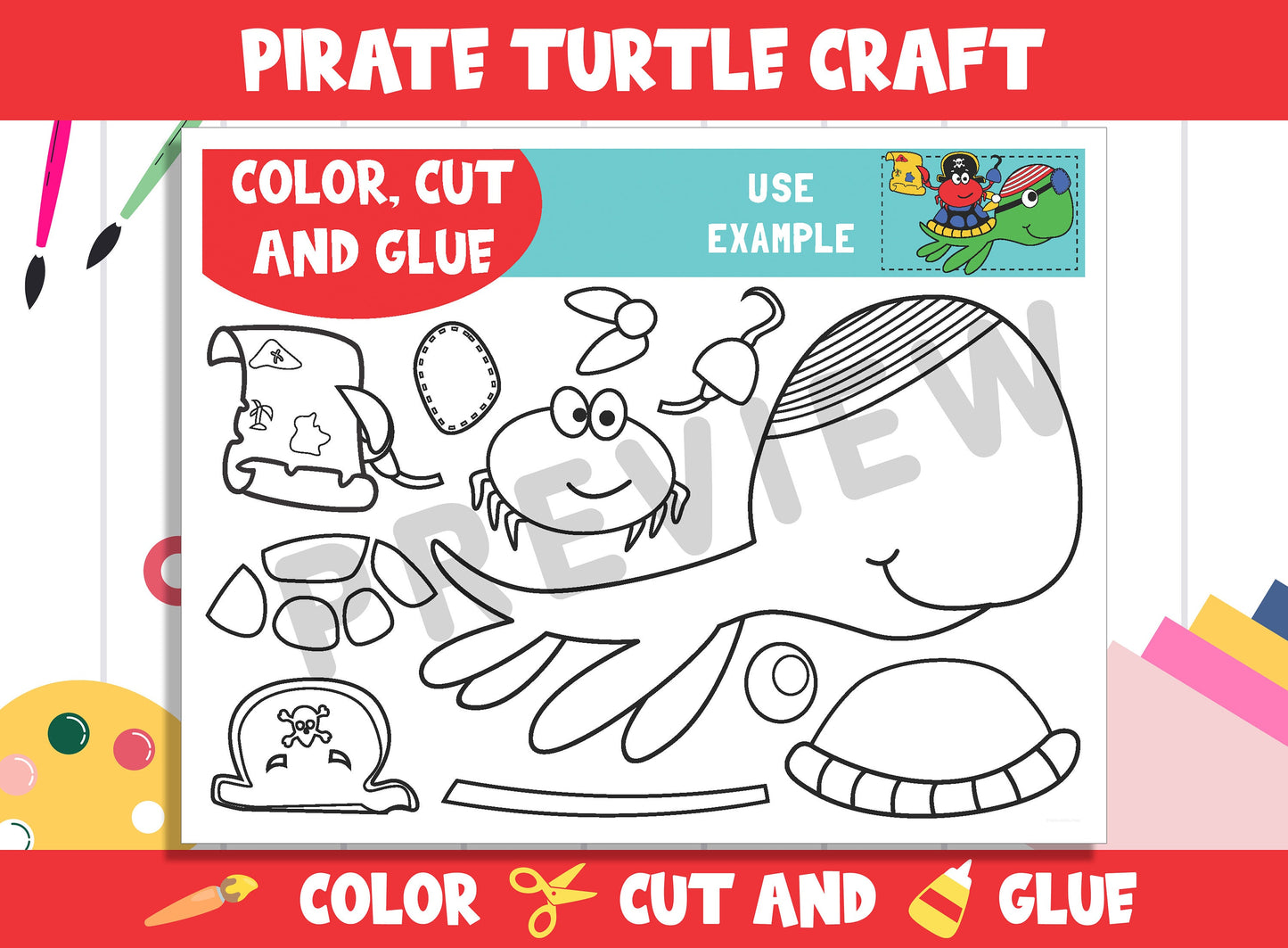 Pirate Turtle Craft Activity - Color, Cut, and Glue for PreK to 2nd Grade, PDF File, Instant Download