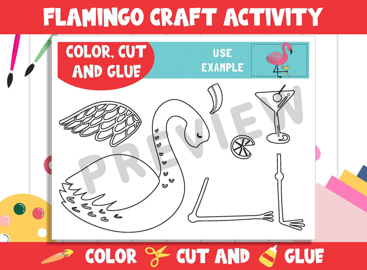 Cute Flamingo Craft Activity - Color, Cut, and Glue for PreK to 2nd Grade, PDF File, Instant Download
