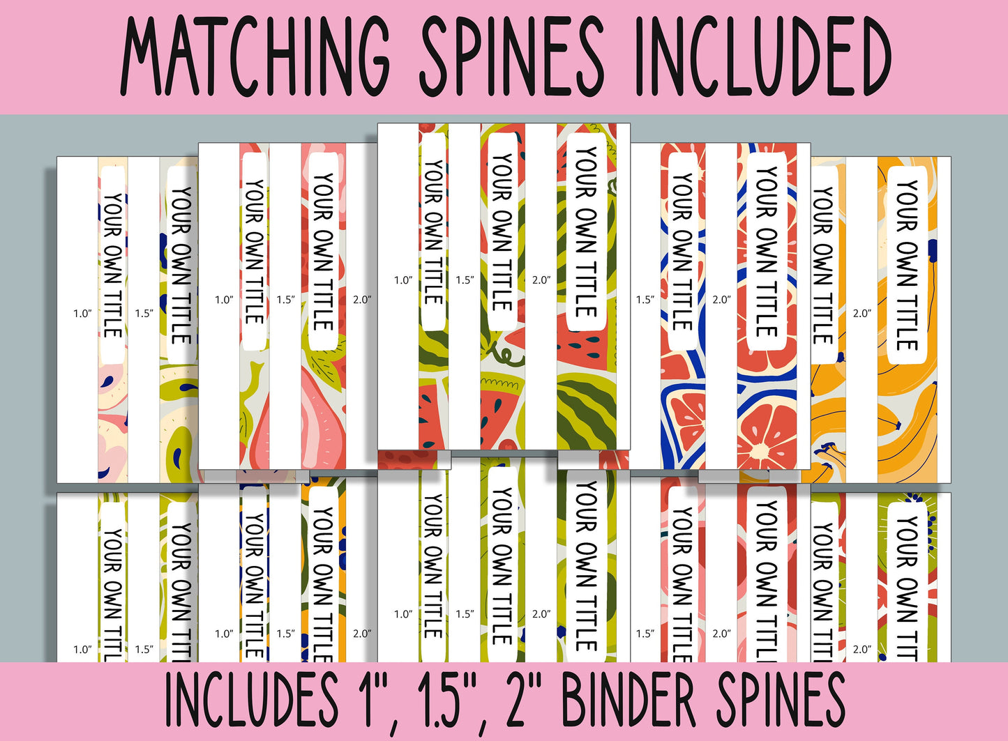10 Editable Abstract Fruits Binder Covers, Includes 1, 1.5, 2" Spines, Available in A4 & US Letter, Editing with PowerPoint or PDF Reader