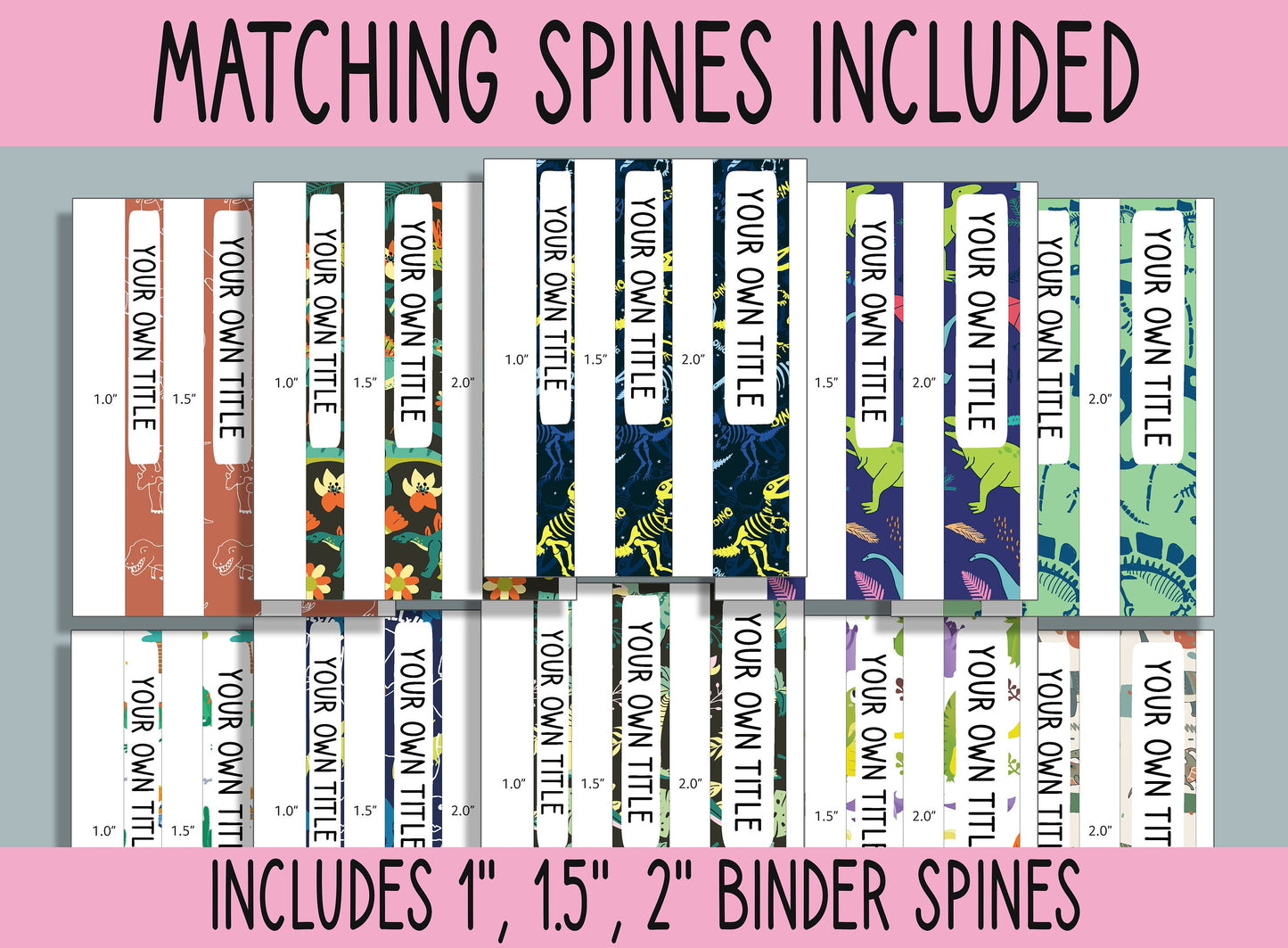 10 Editable Cute Dinosaur Binder Covers, Includes 1", 1.5", 2" Spines, Available in A4 & US Letter, Editing with PowerPoint or PDF Reader