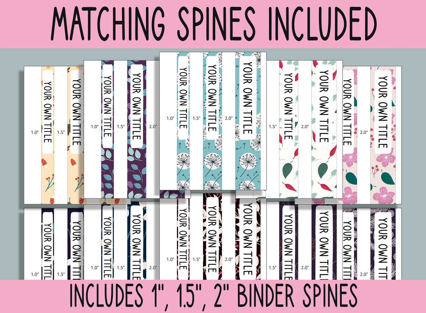 10 Editable Floral Binder Covers, Includes 1", 1.5", 2" Spines, Available in A4 & US Letter, Editing with PowerPoint or PDF Reader