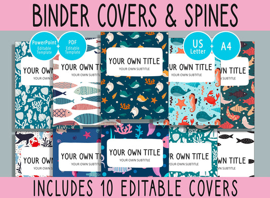 10 Editable Sea Animals Binder Covers, Includes 1", 1.5", 2" Spines, Available in A4 & US Letter, Editing with PowerPoint or PDF Reader