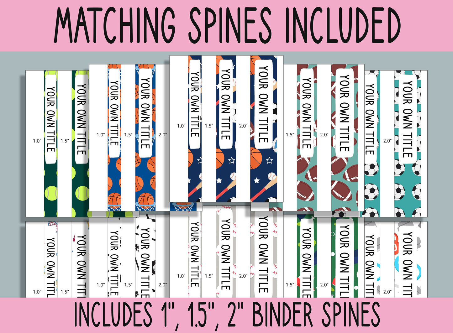 10 Editable Sports Pattern Binder Covers, Includes 1", 1.5", 2" Spines, Available in A4 & US Letter, Editing with PowerPoint or PDF Reader