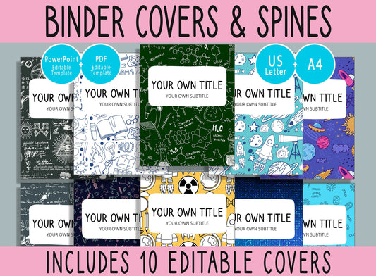 10 Editable Science Pattern Binder Covers, Includes 1", 1.5", 2" Spines, Available in A4 & US Letter, Editing with PowerPoint or PDF Reader
