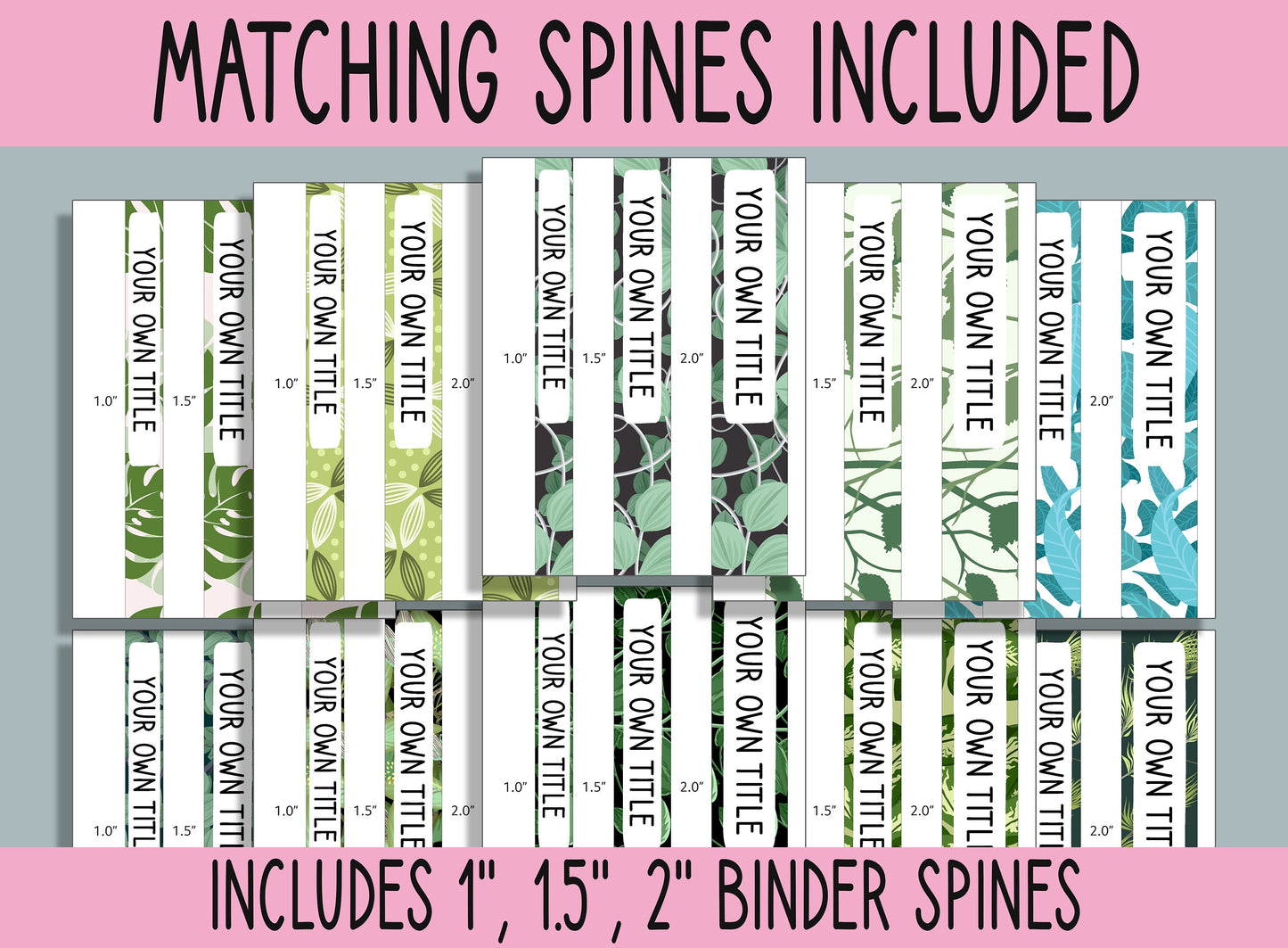 10 Editable Green Leaves Binder Covers, Includes 1", 1.5", 2" Spines, Available in A4 & US Letter, Editing with PowerPoint or PDF Reader