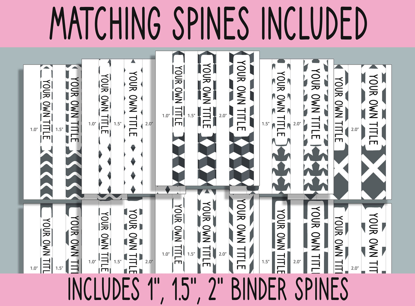 10 Editable Black & White Geometric Binder Covers, Includes 1, 1.5, 2" Spines, Available in A4/US Letter, Editing with PowerPoint/PDF Reader