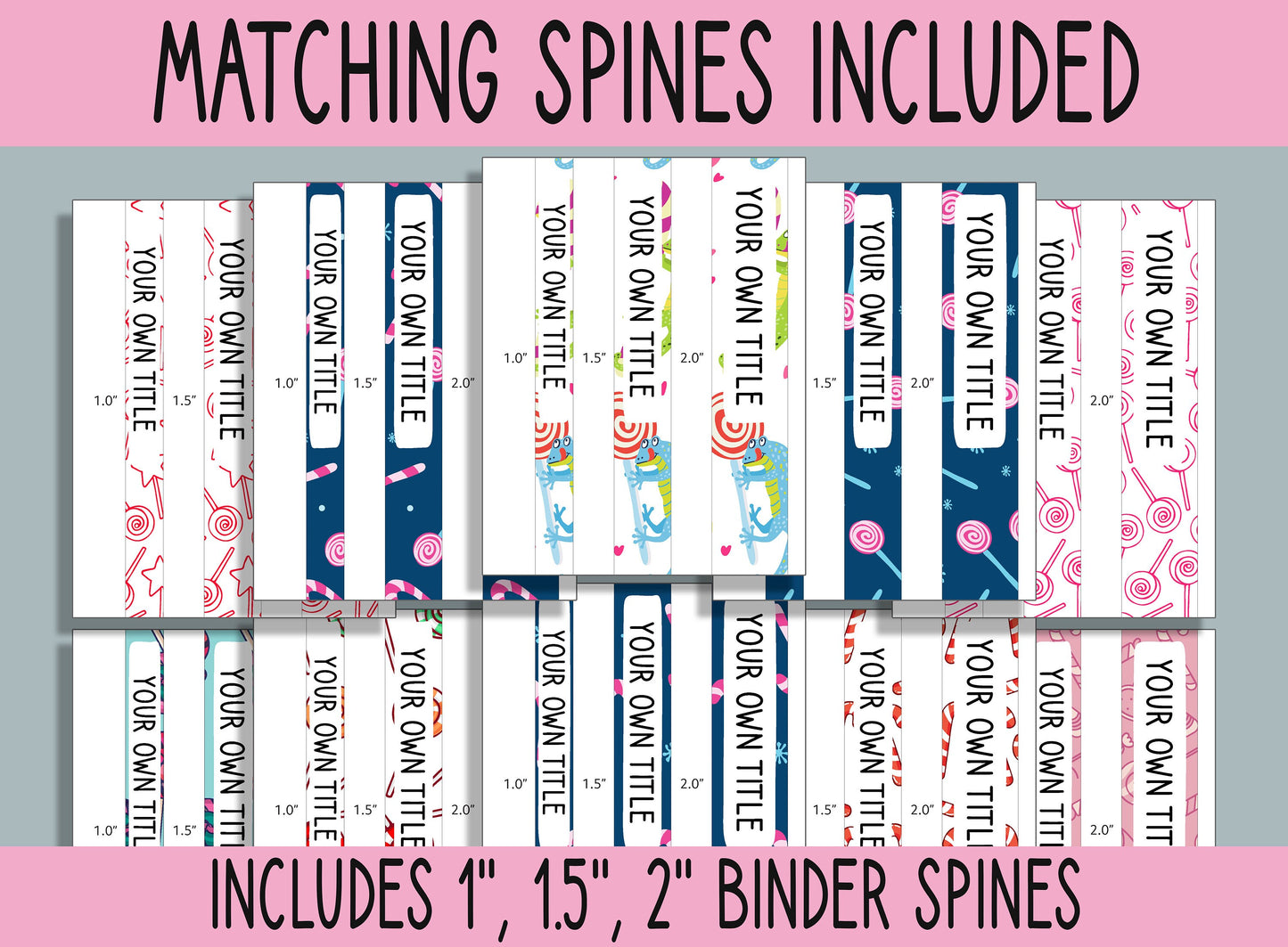 10 Editable Lollipops/Candy Canes Binder Covers, Includes 1,1.5,2" Spines, Available in A4/US Letter, Editing with PowerPoint or PDF Reader