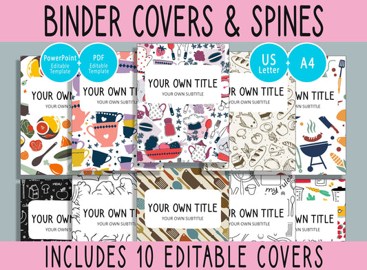 10 Editable Cooking & Kitchen Binder Covers, Includes 1, 1.5, 2" Spines, Available in A4+US Letter, Editing with PowerPoint or PDF Reader
