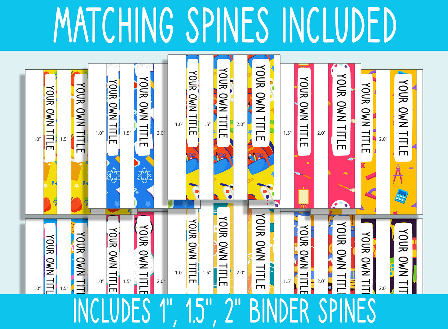 10 Editable Back to School Binder Covers, Includes 1, 1.5, 2" Spines, Available in A4+US Letter, Editing with PowerPoint or PDF Reader