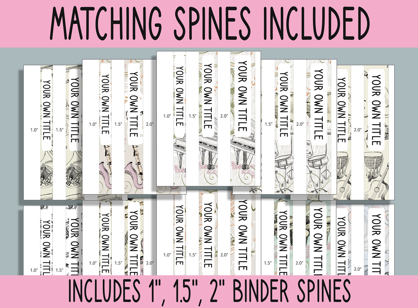 10 Editable Musical Instrument Binder Covers, Includes 1, 1.5, 2" Spines, Available in A4+US Letter, Editing with PowerPoint or PDF Reader