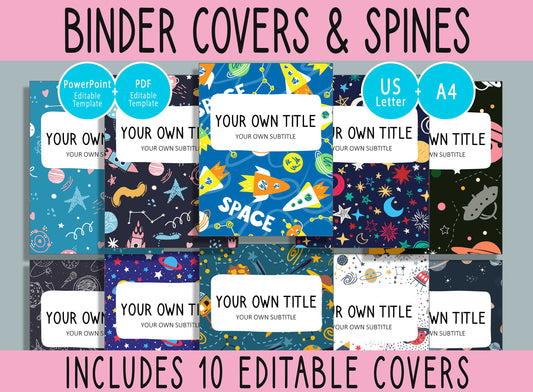 10 Editable Colorful Space Binder Covers, Includes 1, 1.5, 2" Spines, Available in A4 &US Letter, Editing with PowerPoint or PDF Reader