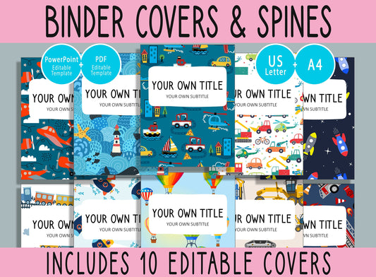 10 Editable Vehicle Binder Covers, Includes 1, 1.5, 2" Spines, Available in A4 & US Letter, Editing with PowerPoint or PDF Reader