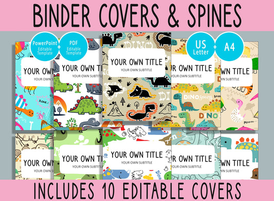 10 Editable Cute Dinosaur Binder Covers, Includes 1, 1.5, 2" Spines, Available in A4 & US Letter, Editing with PowerPoint or PDF Reader