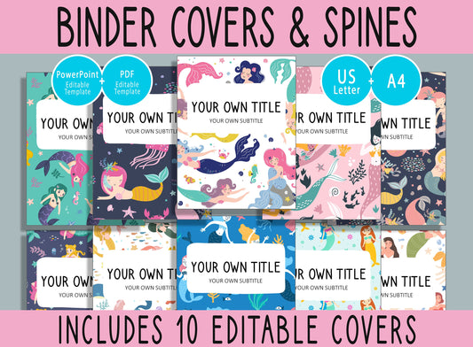 10 Editable Cute Mermaid Binder Covers, Includes 1, 1.5, 2" Spines, Available in A4 & US Letter, Editing with PowerPoint or PDF Reader