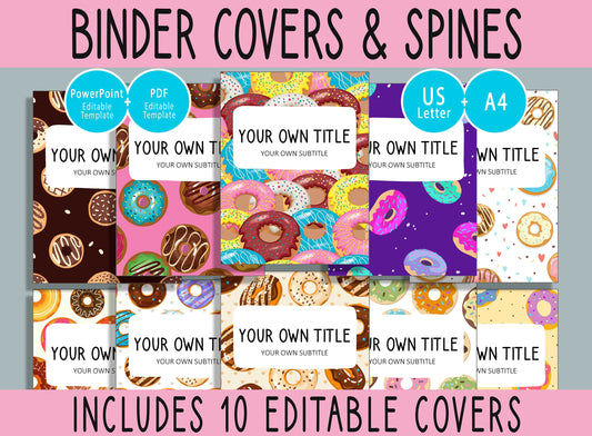 10 Editable Sweet Donut Binder Covers, Includes 1, 1.5, 2" Spines, Available in A4 & US Letter, Editing with PowerPoint or PDF Reader