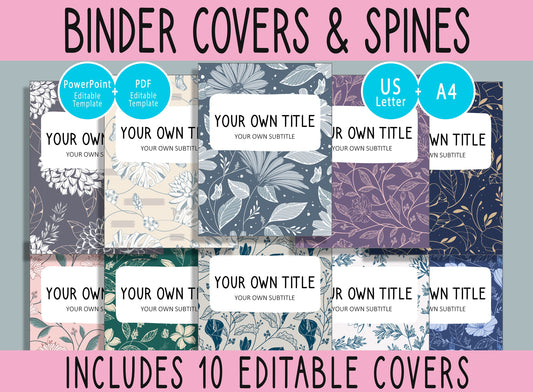 10 Editable Vintage Botanical Binder Covers, Includes 1", 1.5", 2"Spines, Available in A4 & US Letter, Editing with PowerPoint or PDF Reader