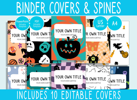 10 Editable Halloween Activity Binder Covers, Includes 1", 1.5",2"Spines, Available in A4 & US Letter, Editing with PowerPoint or PDF Reader