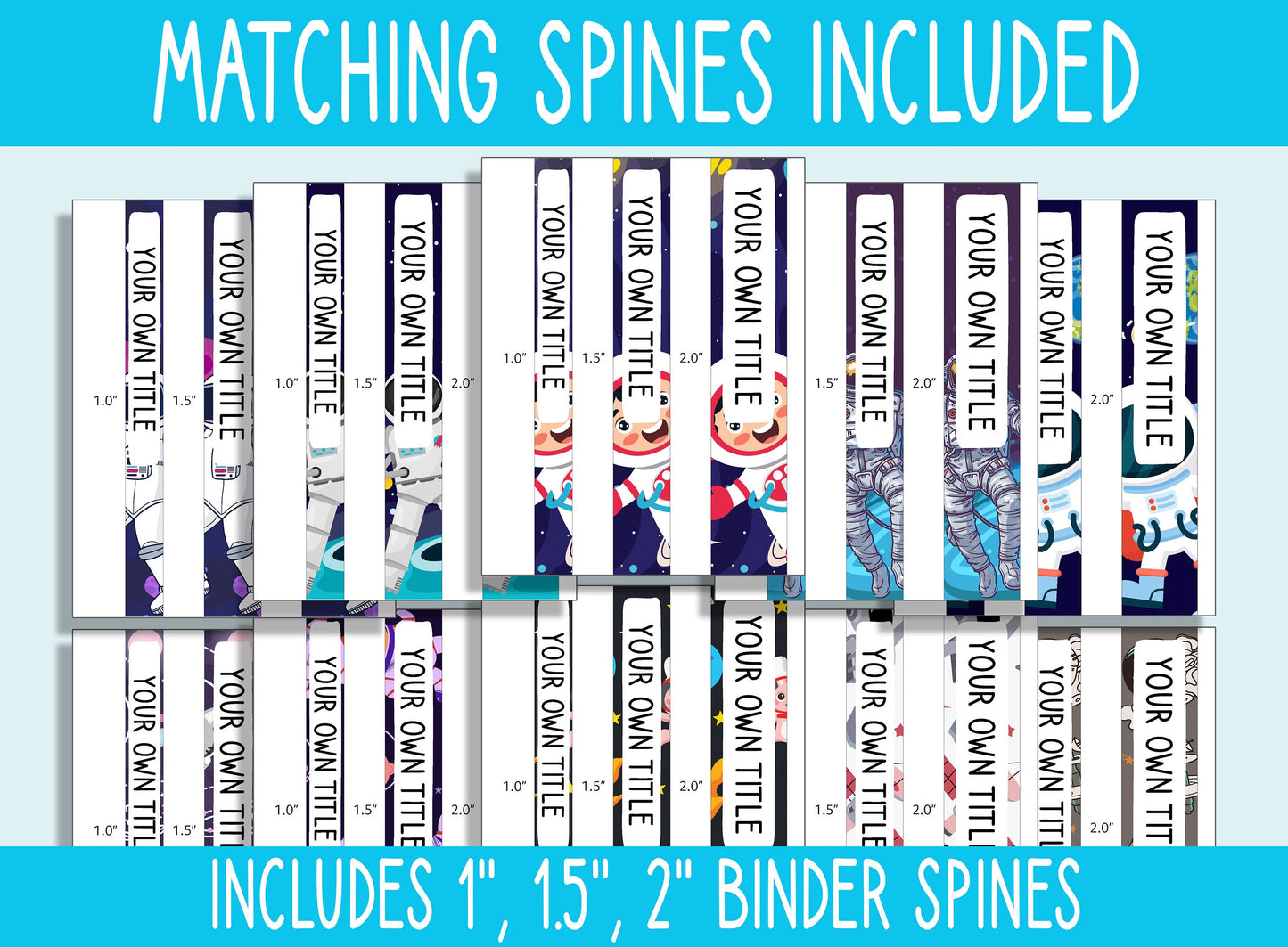 10 Editable Astronaut Binder Covers, Includes 1", 1.5", 2" Spines, Available in A4 & US Letter, Editing with PowerPoint or PDF Reader