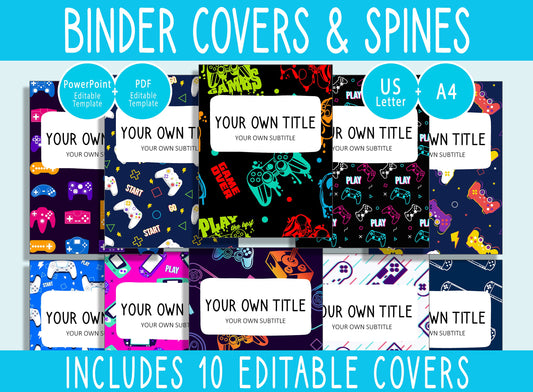 10 Editable Gamer Pattern Binder Covers, Includes 1", 1.5", 2" Spines, Available in A4 & US Letter, Editing with PowerPoint or PDF Reader